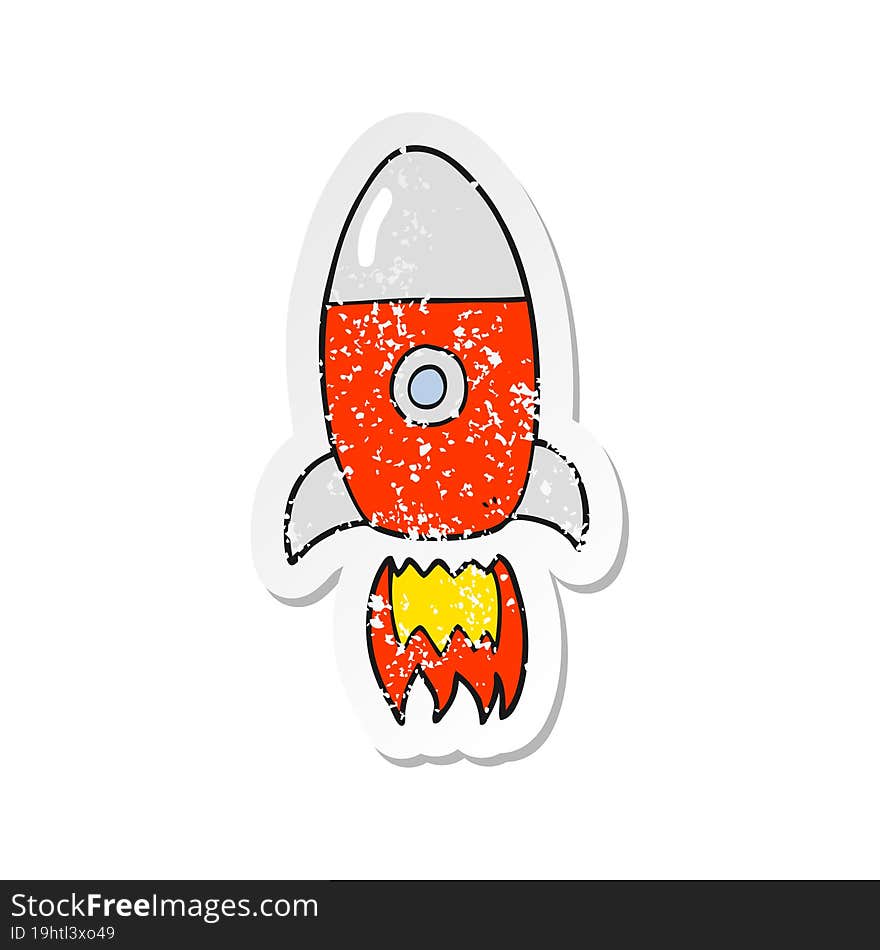 retro distressed sticker of a cartoon flying rocket