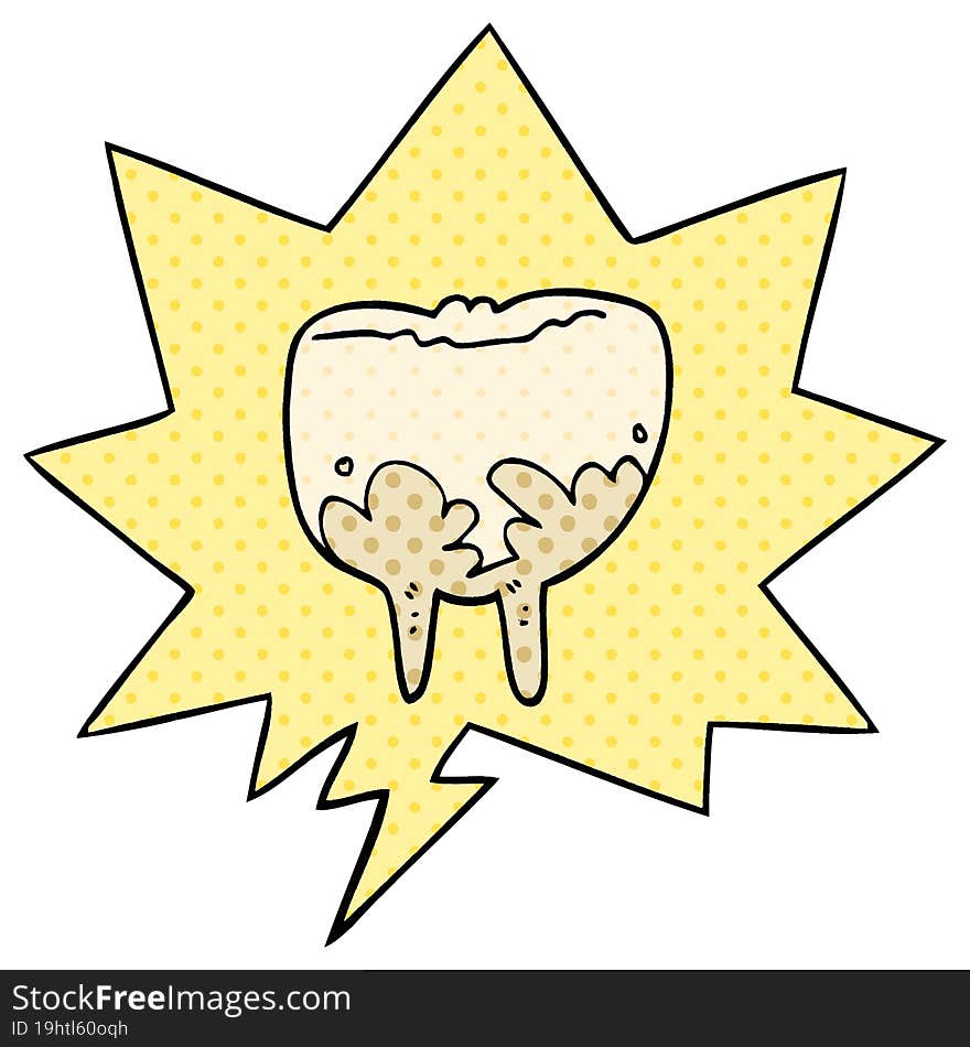 cartoon tooth and speech bubble in comic book style