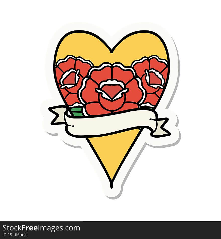 Tattoo Style Sticker Of A Heart And Banner With Flowers