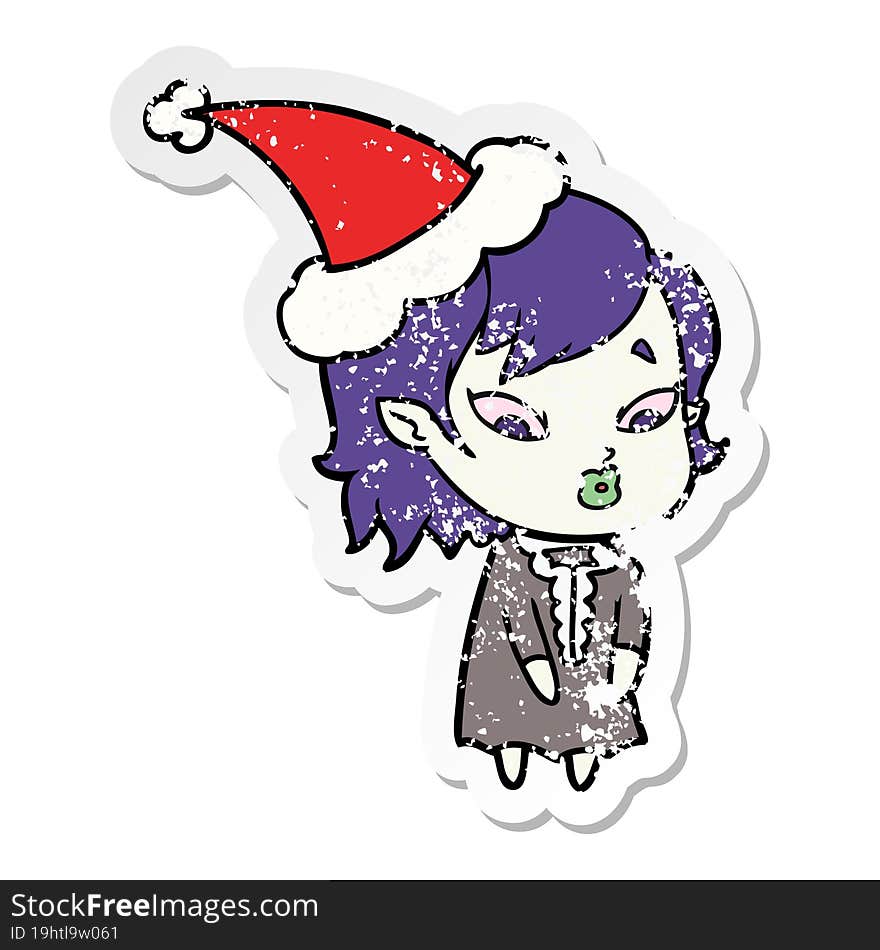 cute distressed sticker cartoon of a vampire girl wearing santa hat