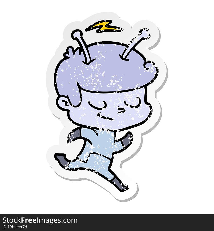 Distressed Sticker Of A Friendly Cartoon Spaceman Running