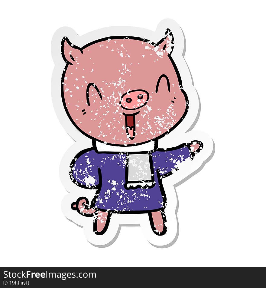 distressed sticker of a happy cartoon pig in winter clothes