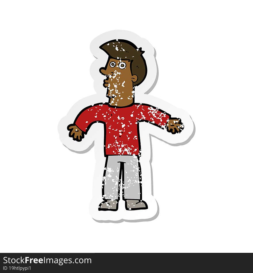 Retro Distressed Sticker Of A Cartoon Man Shrugging Shoulders