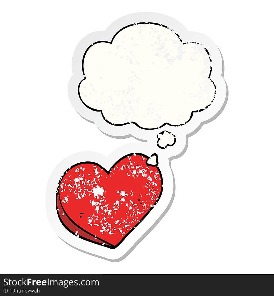 cartoon love heart with thought bubble as a distressed worn sticker