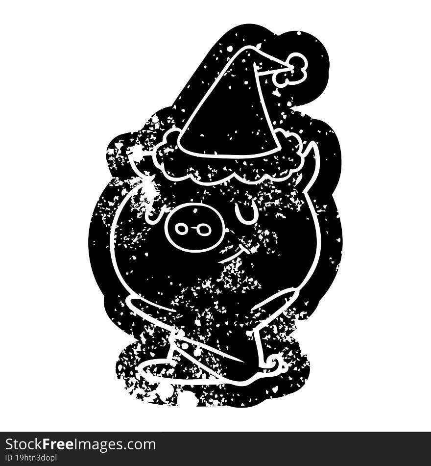 Happy Cartoon Distressed Icon Of A Pig Wearing Santa Hat