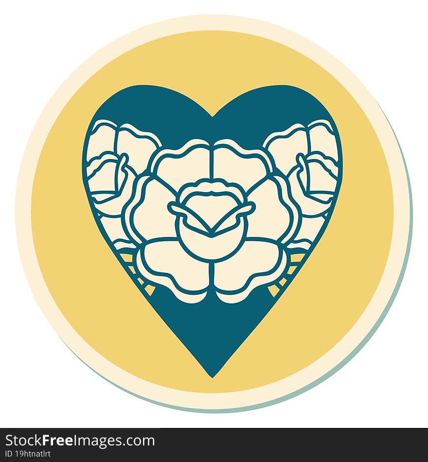 sticker of tattoo in traditional style of a heart and flowers. sticker of tattoo in traditional style of a heart and flowers