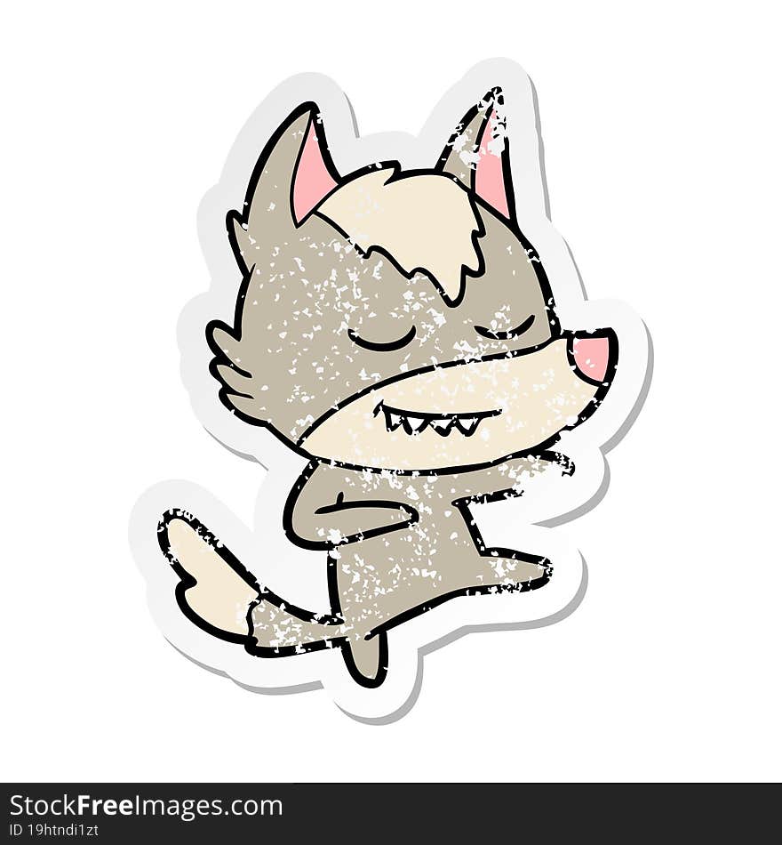 distressed sticker of a friendly cartoon wolf dancer