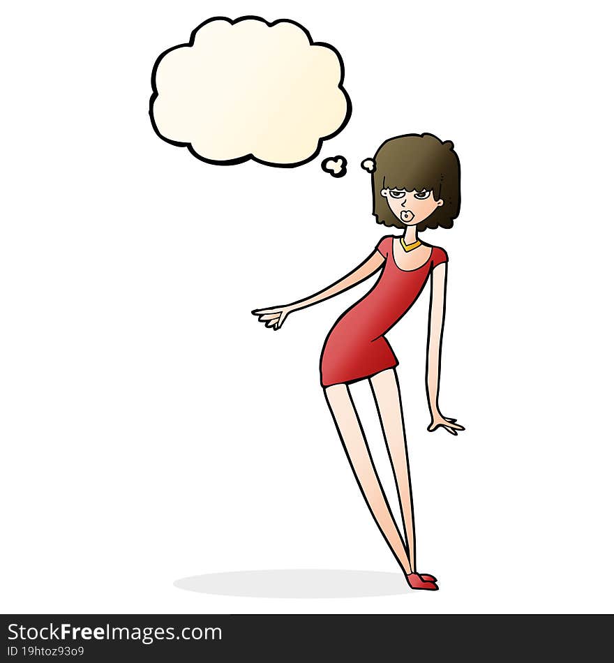 Cartoon Woman In Dress Leaning With Thought Bubble