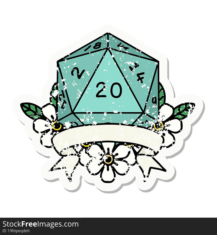 Natural 20 Critical Hit D20 Dice Roll Grunge Sticker