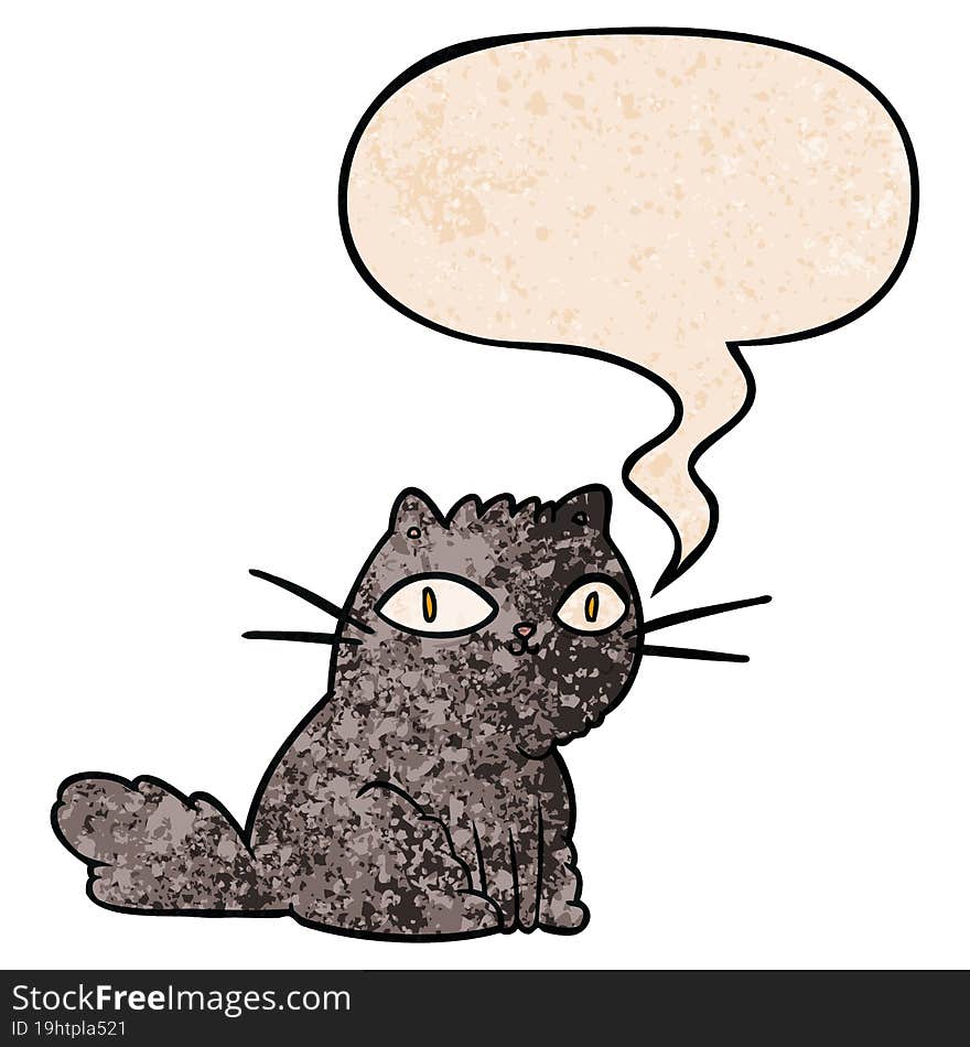 cartoon cat looking right at you and speech bubble in retro texture style