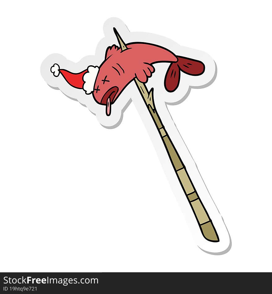 sticker cartoon of a fish speared wearing santa hat