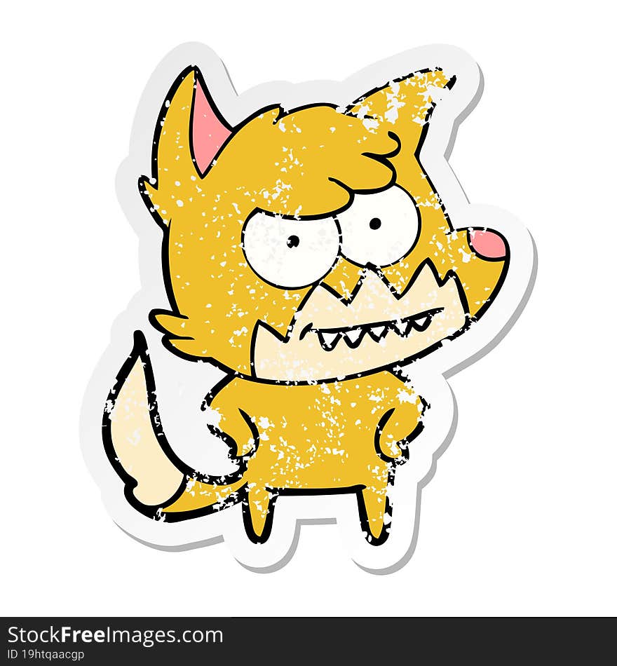 distressed sticker of a cartoon grinning fox