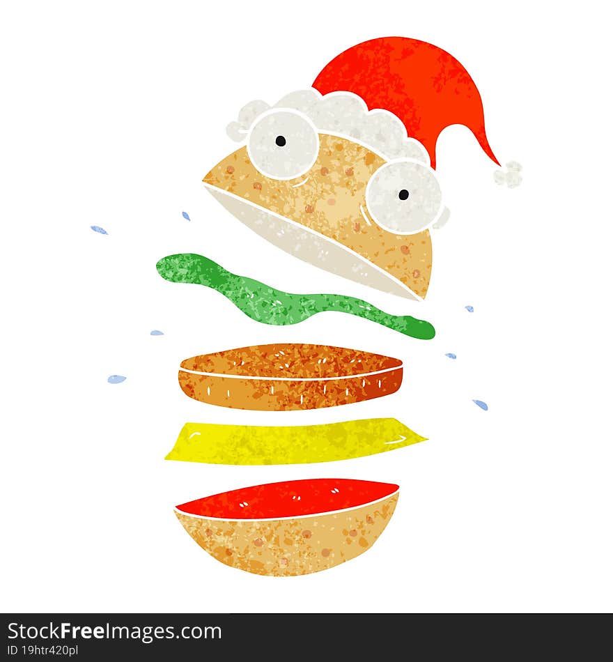 retro cartoon of a amazing burger wearing santa hat