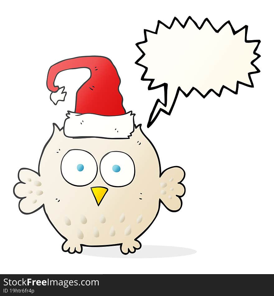 freehand drawn speech bubble cartoon owl wearing christmas hat