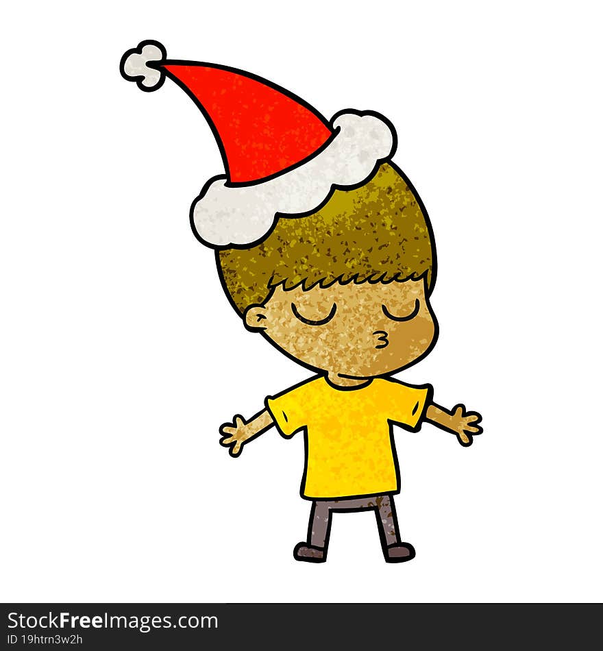 textured cartoon of a calm boy wearing santa hat