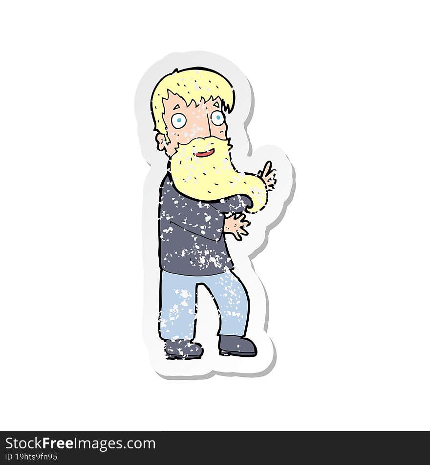 retro distressed sticker of a cartoon excited bearded man