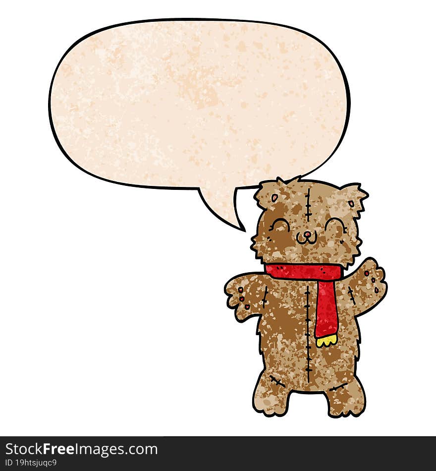 cartoon teddy bear with speech bubble in retro texture style