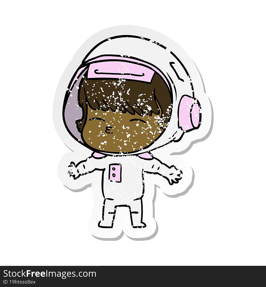 distressed sticker of a cartoon curious astronaut