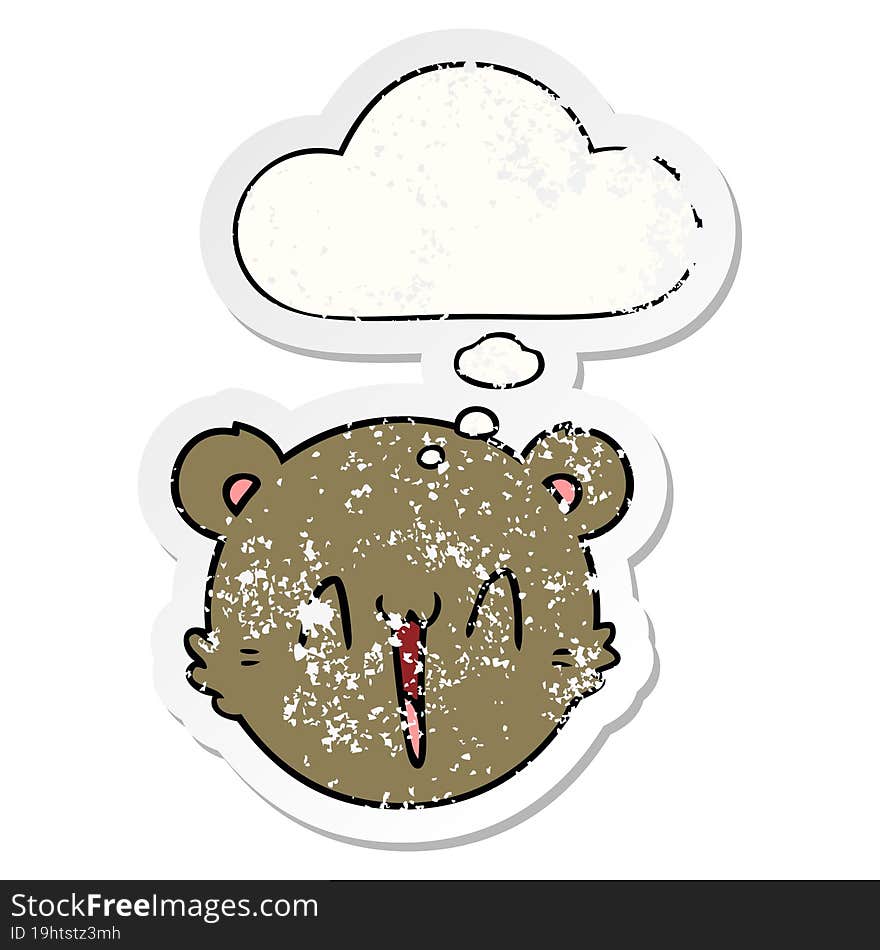 cute cartoon teddy bear face with thought bubble as a distressed worn sticker