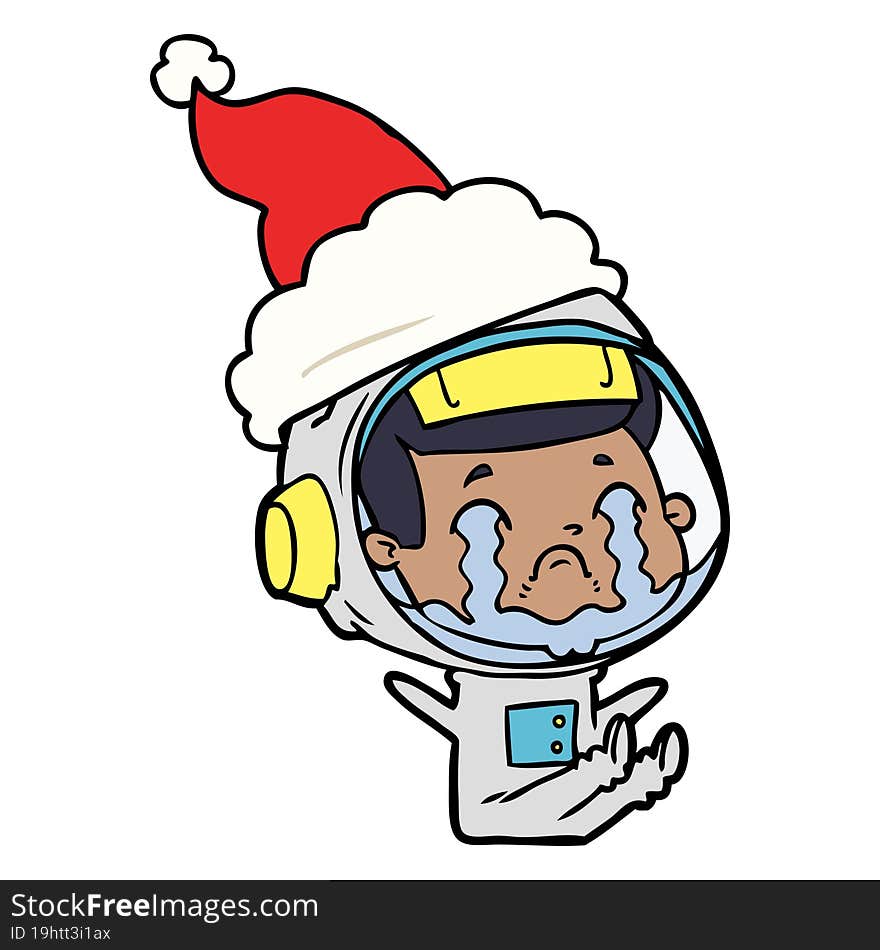 line drawing of a crying astronaut wearing santa hat