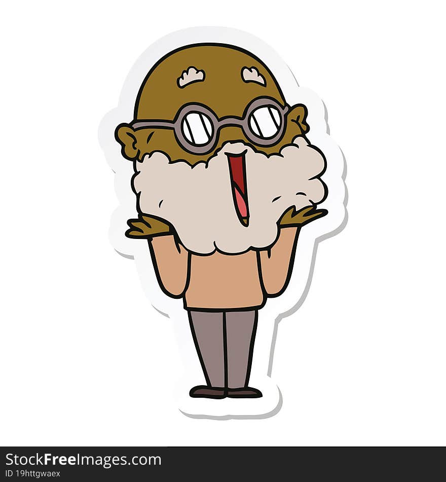 sticker of a cartoon joyful man with beard shrugging