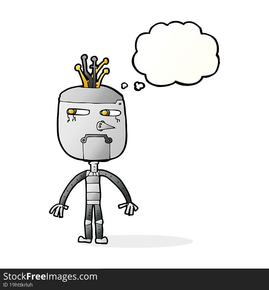 funny cartoon robot with thought bubble