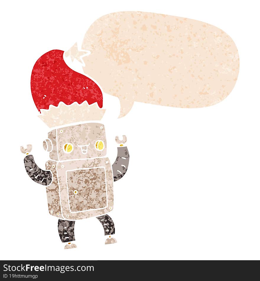 cartoon christmas robot with speech bubble in grunge distressed retro textured style. cartoon christmas robot with speech bubble in grunge distressed retro textured style