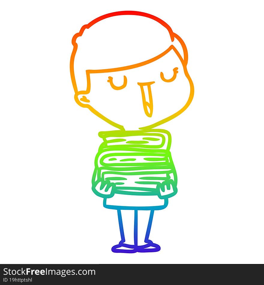 rainbow gradient line drawing cartoon happy boy with stack of books