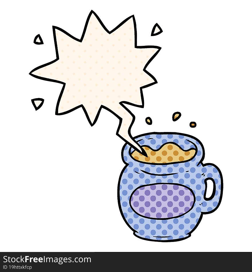 cartoon mug of coffee and speech bubble in comic book style