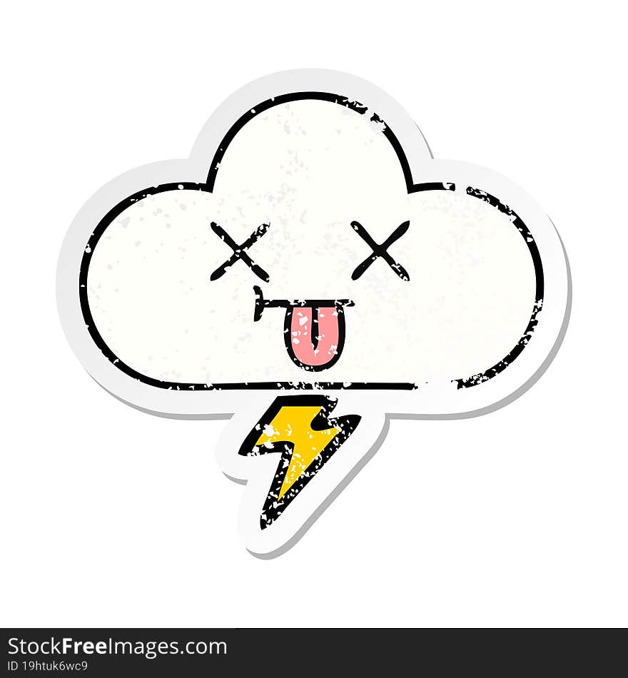 distressed sticker of a cute cartoon thunder cloud