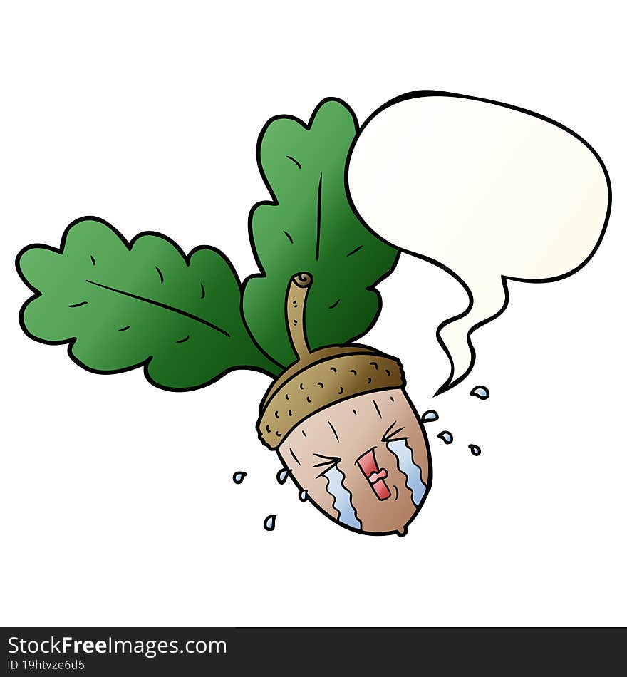 cartoon crying acorn and speech bubble in smooth gradient style