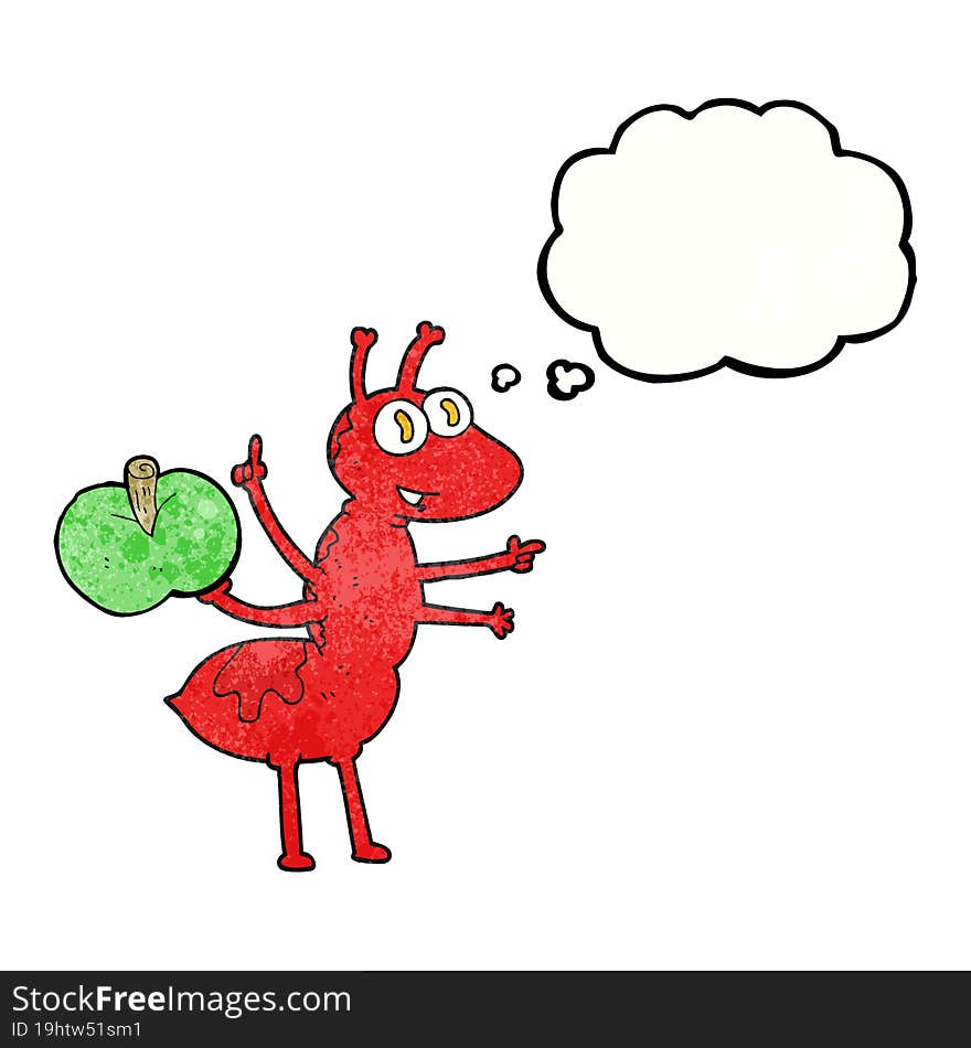 freehand drawn thought bubble textured cartoon ant with apple