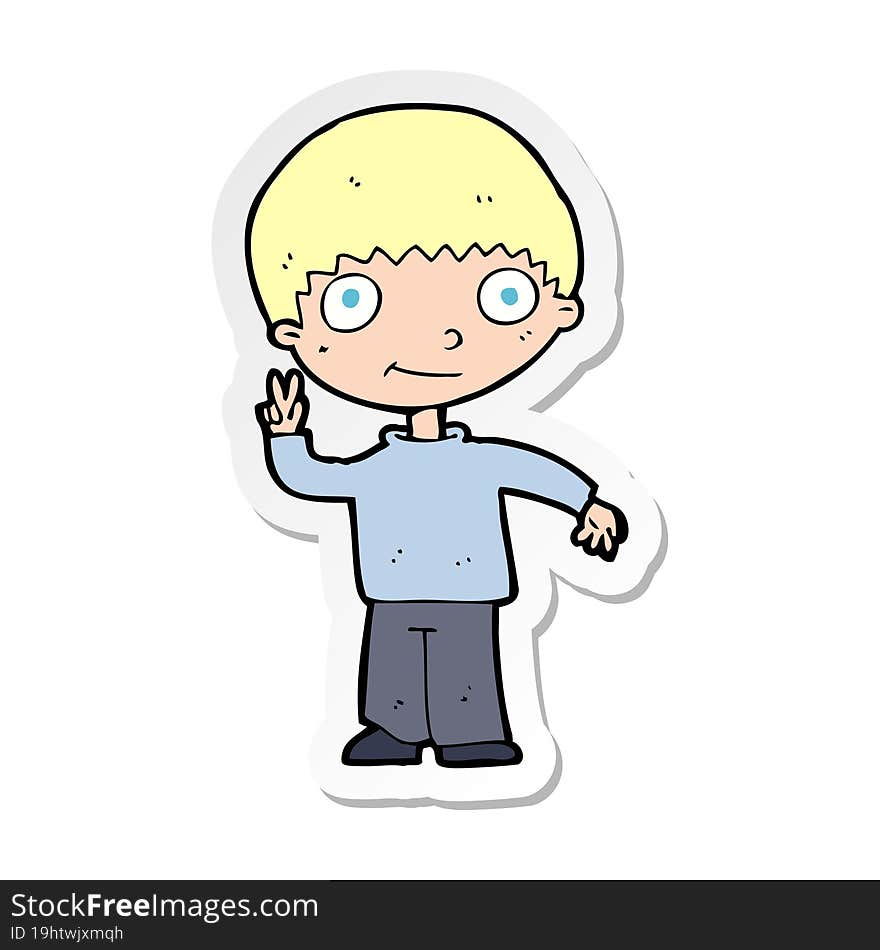 sticker of a cartoon boy giving peace sign