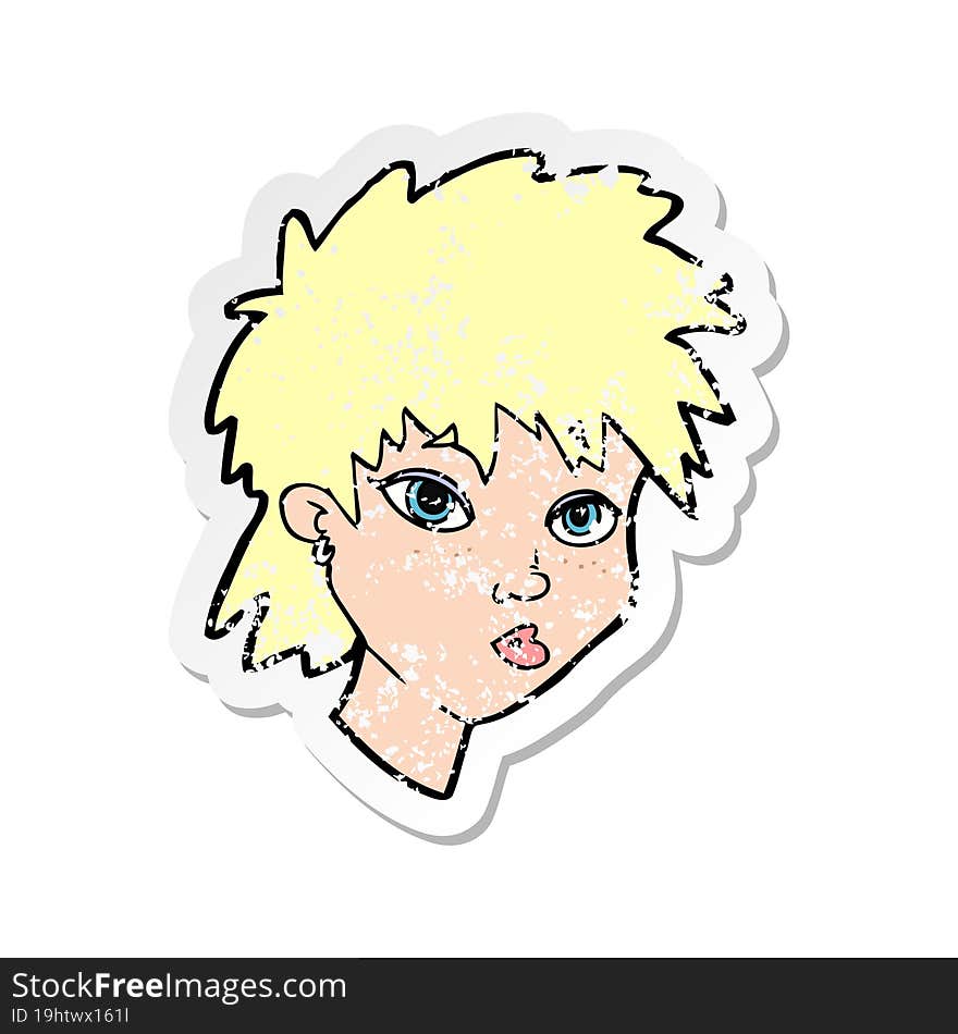 retro distressed sticker of a cartoon curious girl