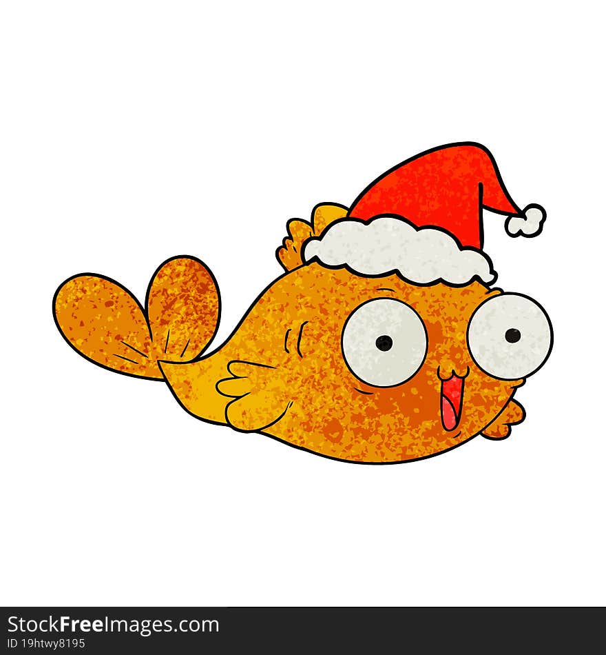 happy goldfish textured cartoon of a wearing santa hat