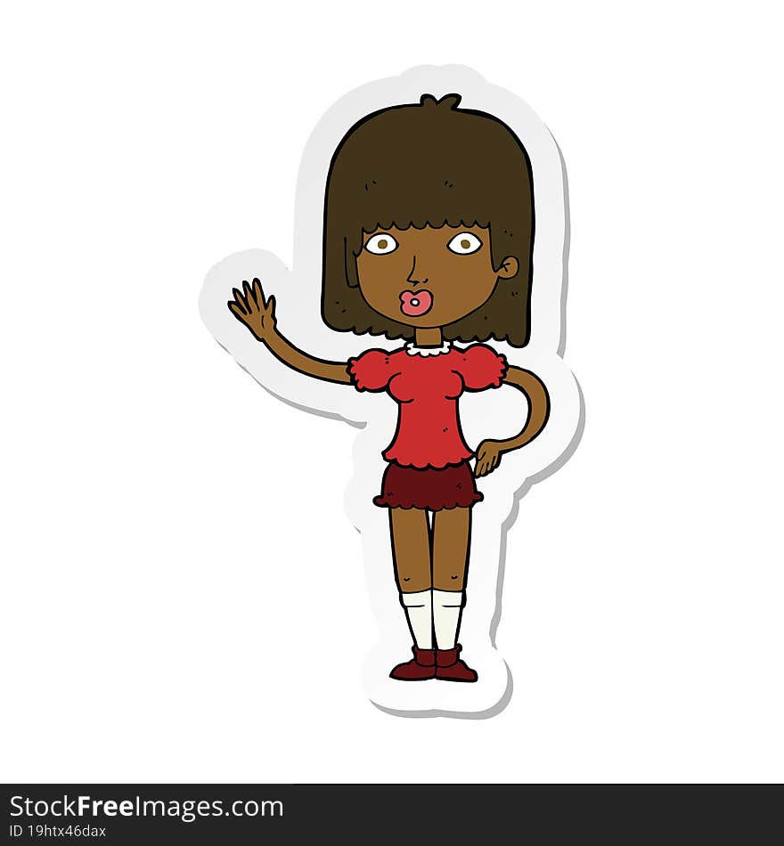 sticker of a cartoon woman waving