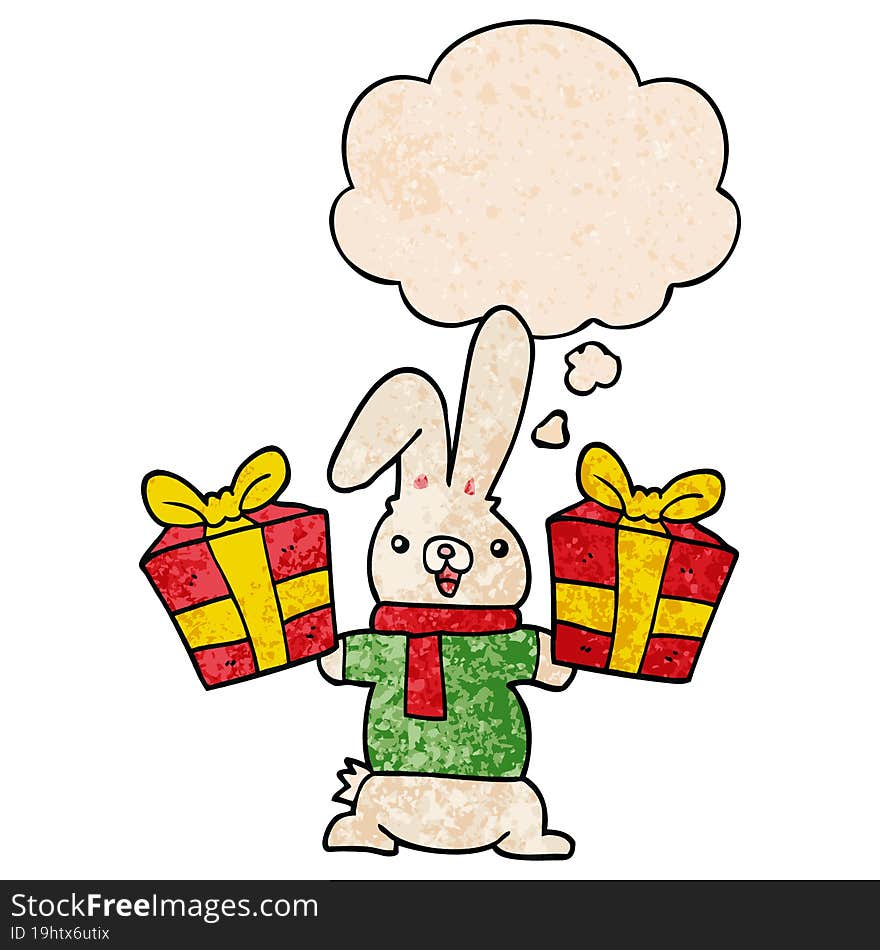 Cartoon Rabbit With Christmas Presents And Thought Bubble In Grunge Texture Pattern Style