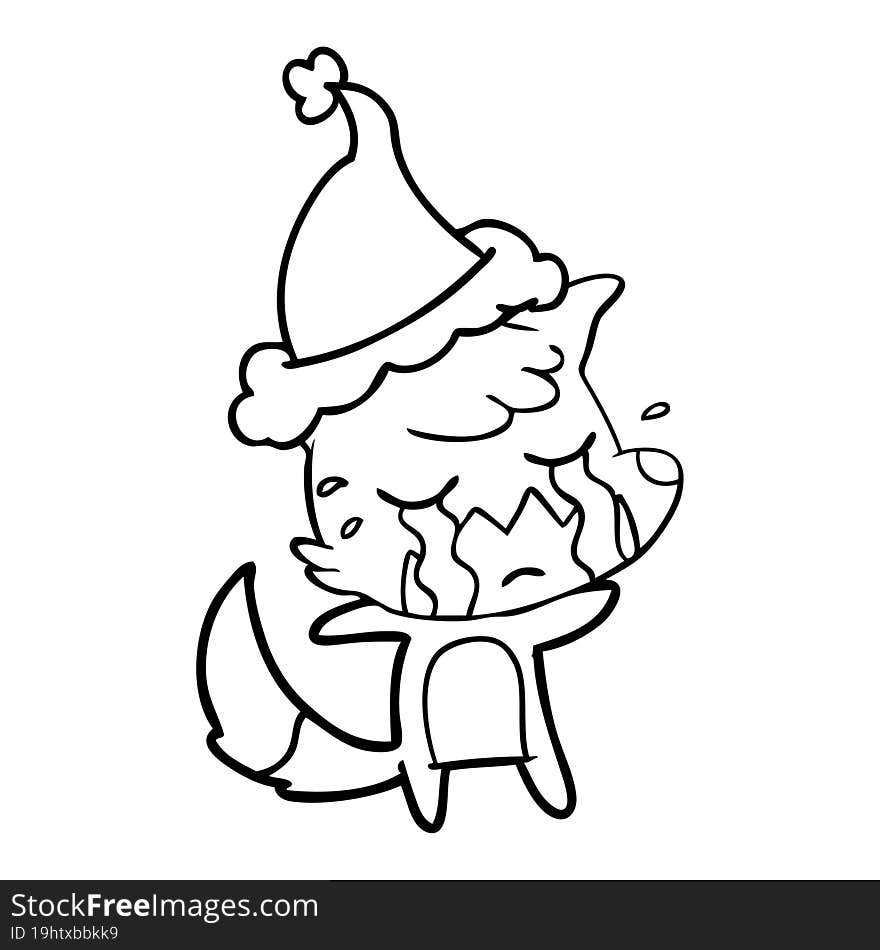 crying fox line drawing of a wearing santa hat