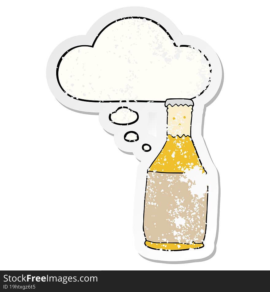 cartoon beer bottle with thought bubble as a distressed worn sticker