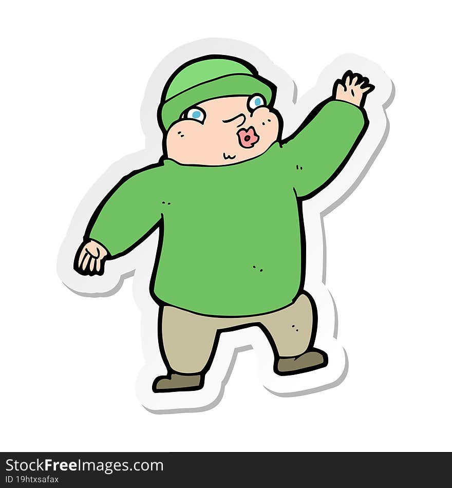 sticker of a cartoon man in hat waving