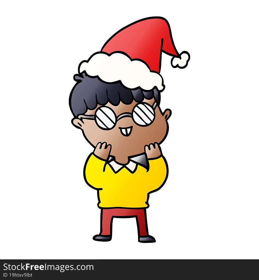 gradient cartoon of a boy wearing spectacles wearing santa hat