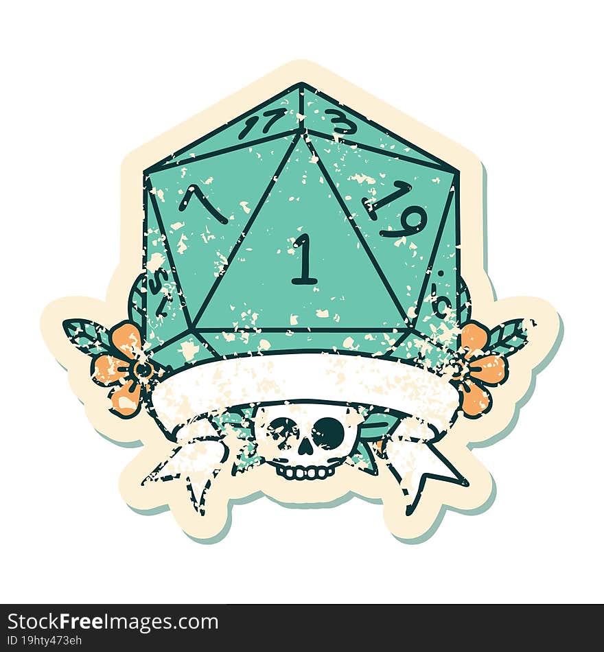 Retro Tattoo Style natural one d20 dice roll. Retro Tattoo Style natural one d20 dice roll