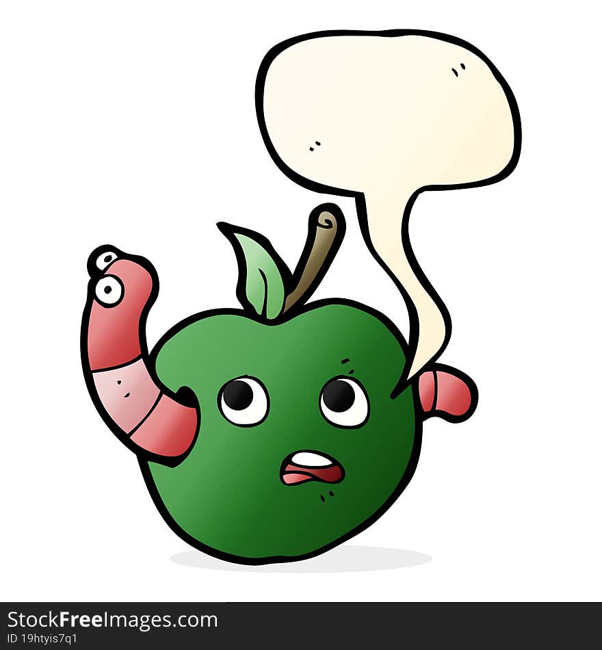 cartoon worm in apple with speech bubble