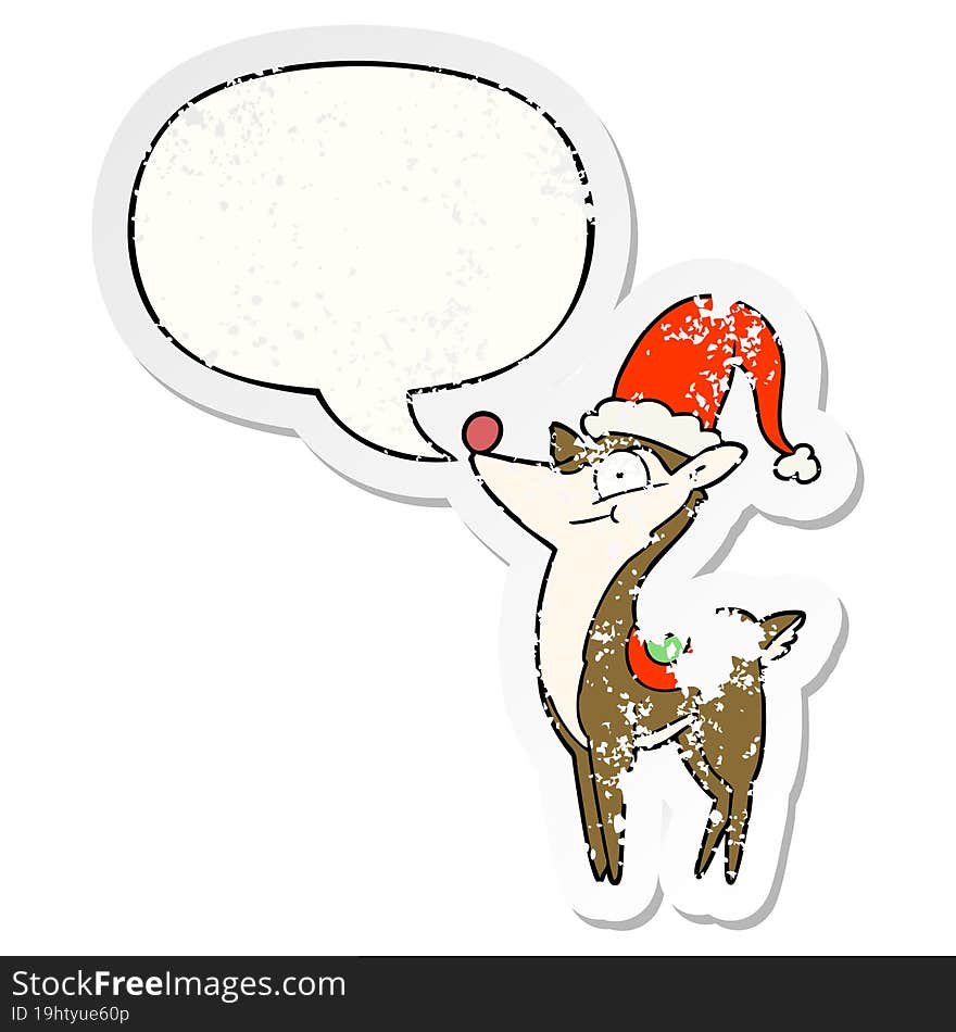 cartoon christmas reindeer and speech bubble distressed sticker