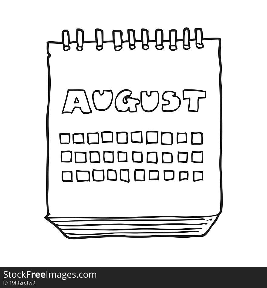 black and white cartoon calendar showing month of august