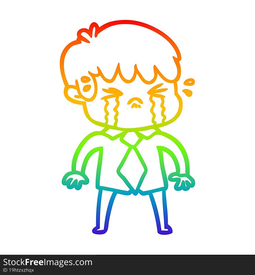 rainbow gradient line drawing of a cartoon boy crying