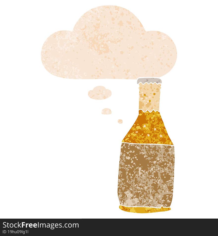 cartoon beer bottle and thought bubble in retro textured style