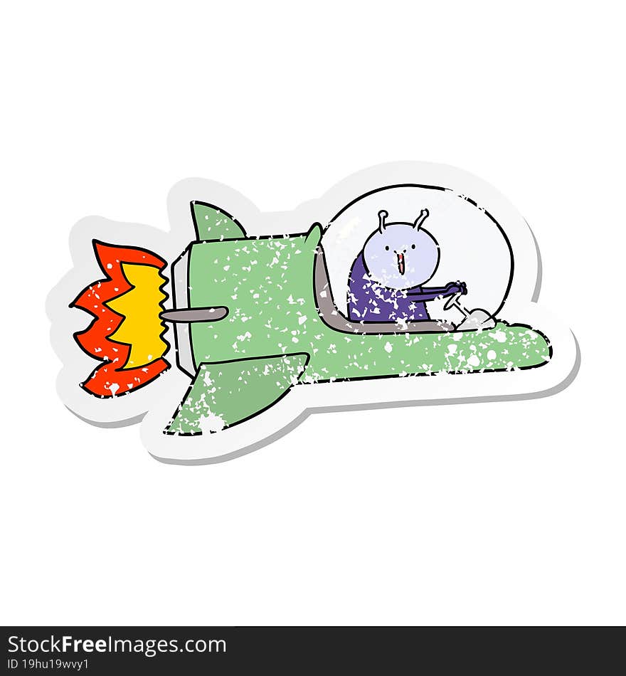 Distressed Sticker Of A Cartoon Alien In Spaceship