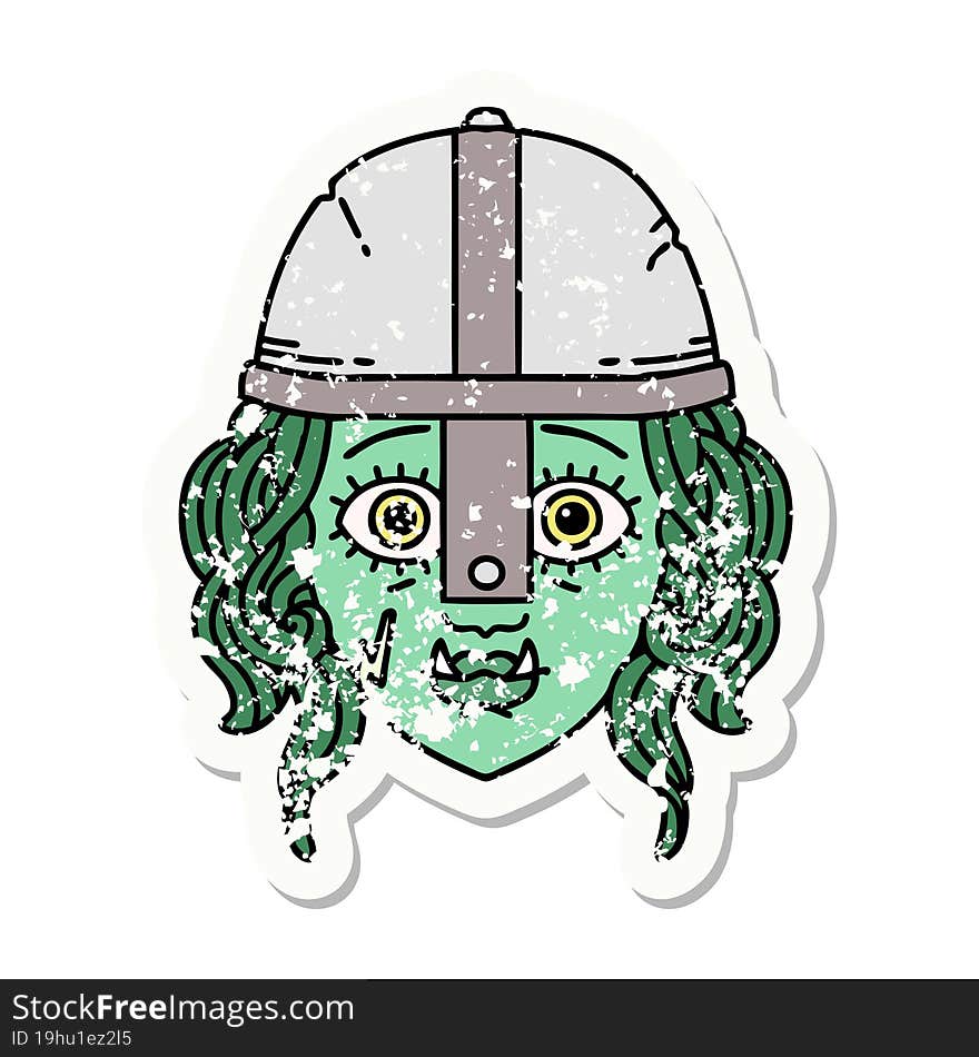 grunge sticker of a orc fighter character face. grunge sticker of a orc fighter character face