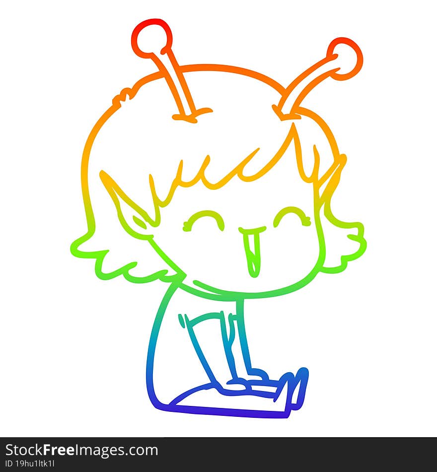 rainbow gradient line drawing of a cartoon alien girl laughing